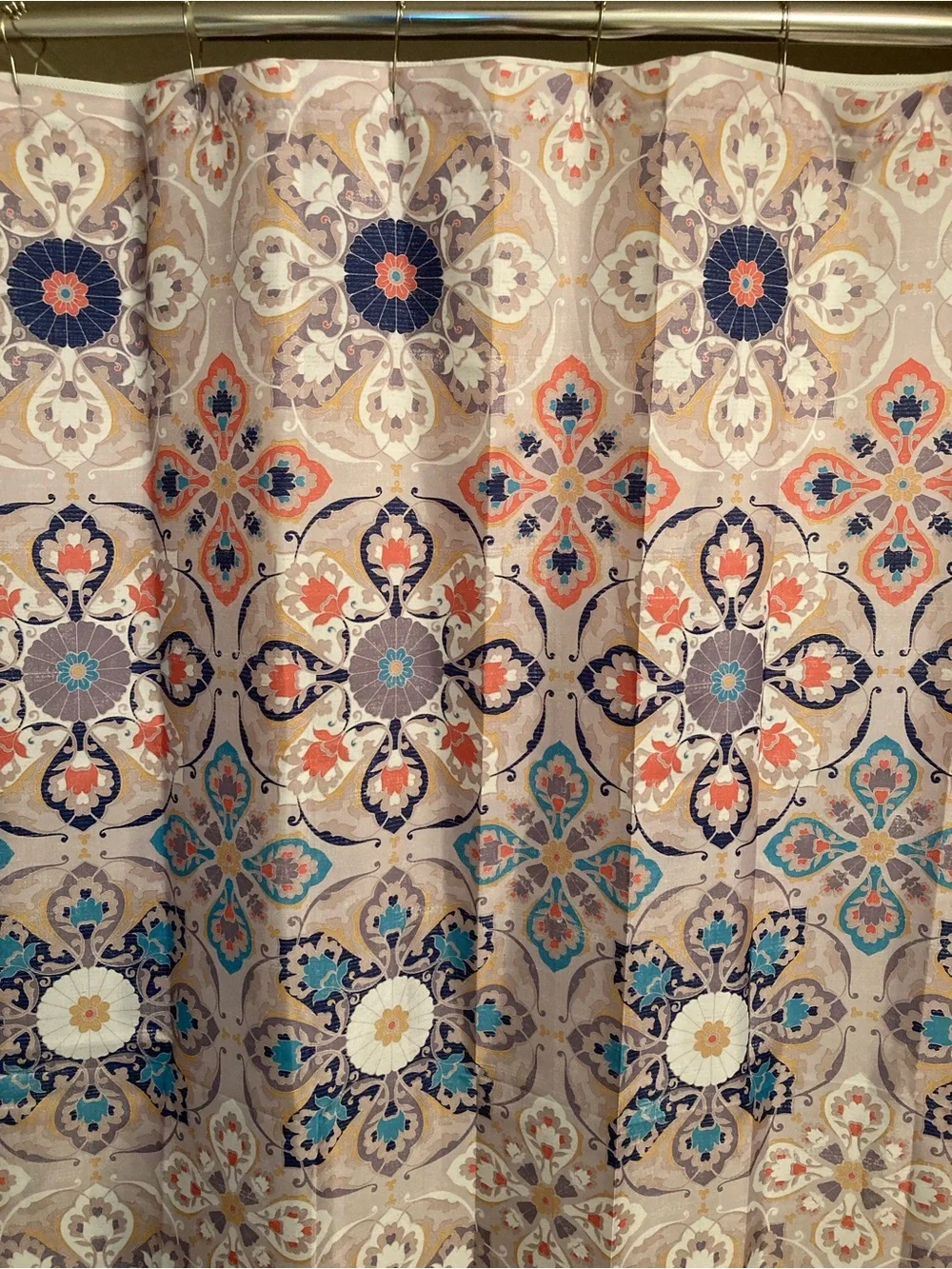 Medallion Pattern Fabric Shower Curtain in Navy, Teal & Coral